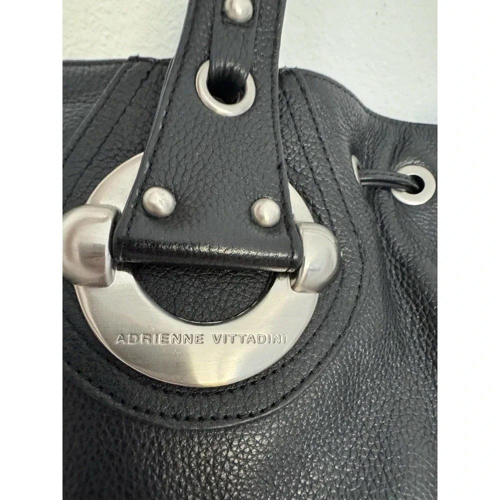 Adrienne Vittadini Black Genuine Leather Shoulder Bag Satchel Tote Silver Y2K